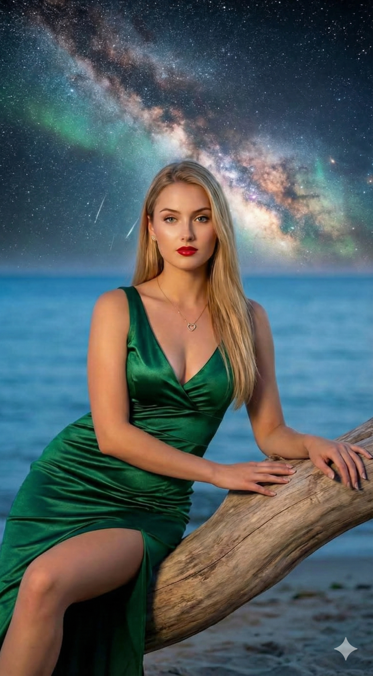blonde woman in emerald green gown sitting on driftwood on beach under Milky Way and aurora borealis