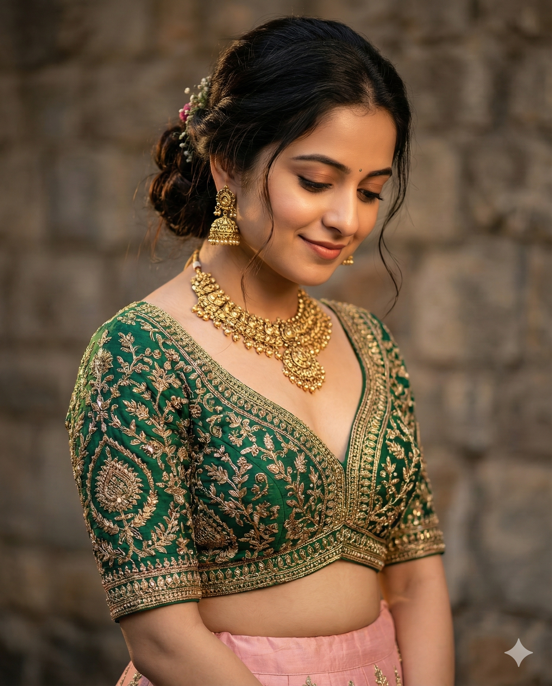 South Asian woman wearing emerald green blouse and pink lehenga with gold jewelry
