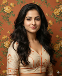 South Asian woman in cream blouse with floral embroidery against vintage floral wall