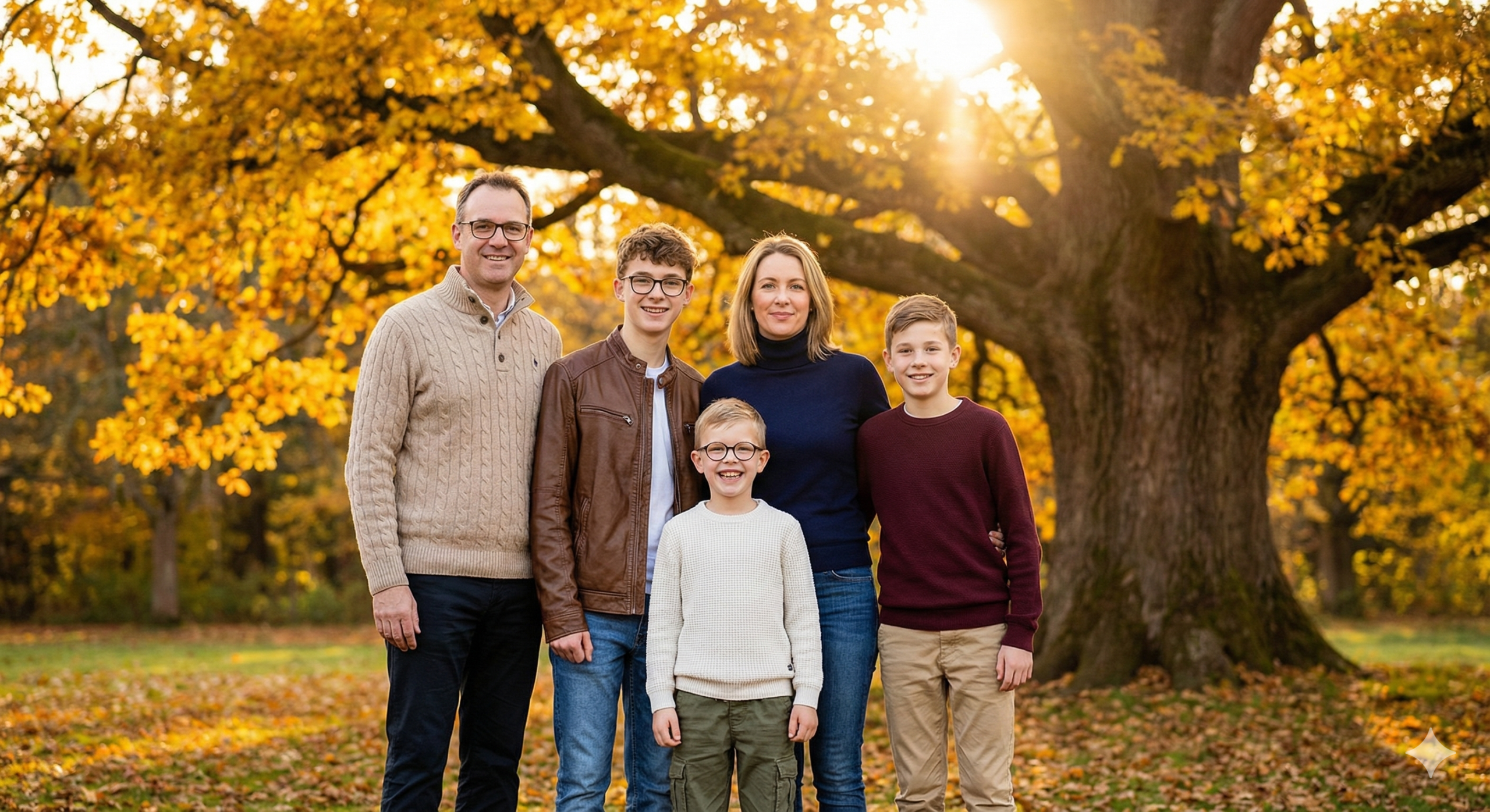 happy family of five standing outdoors during autumn under golden-yellow tree
