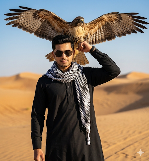 man in black shalwar kameez with hawk standing in desert sand dunes