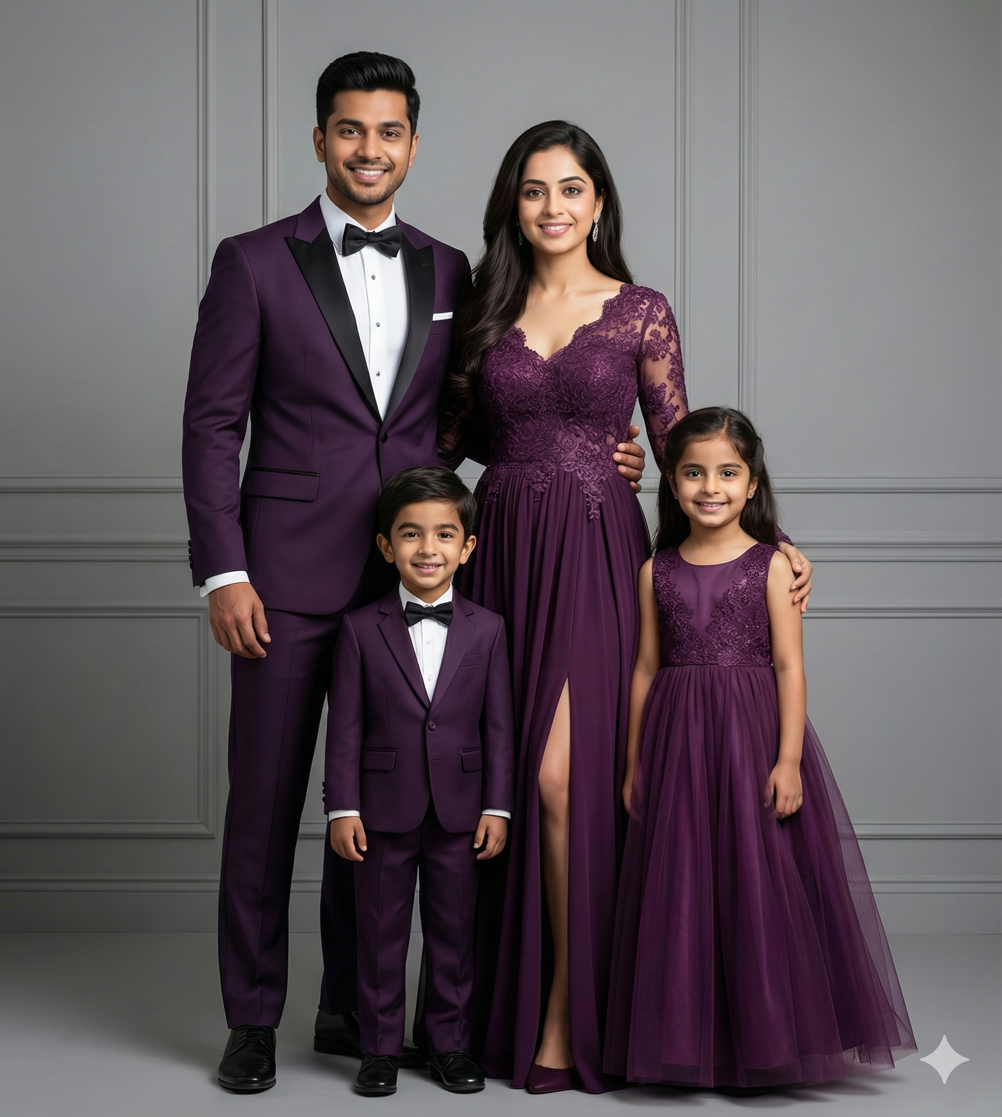 happy family of four in matching purple formal wear standing in studio