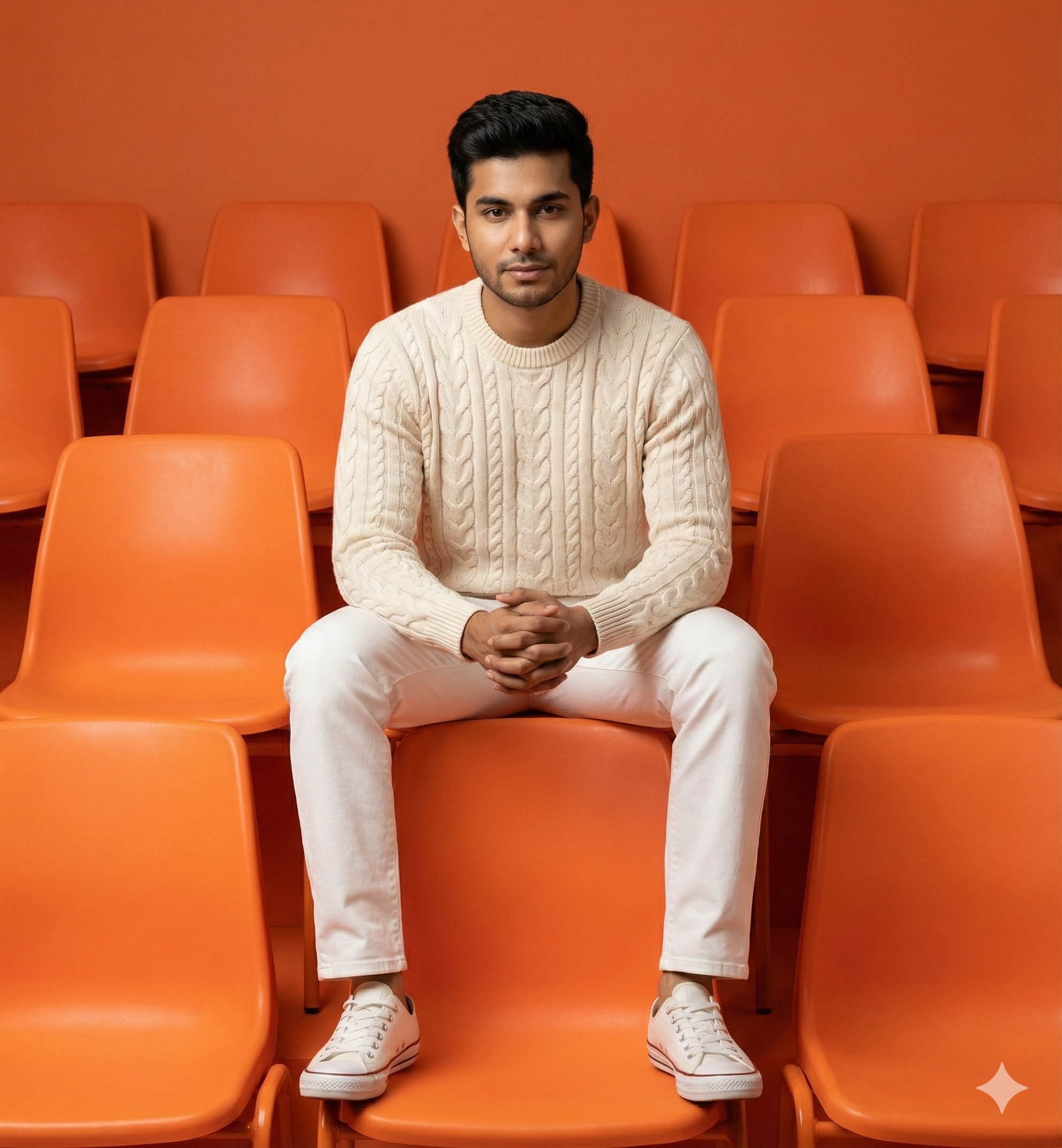 young man sitting on orange chair in studio fashion portrait