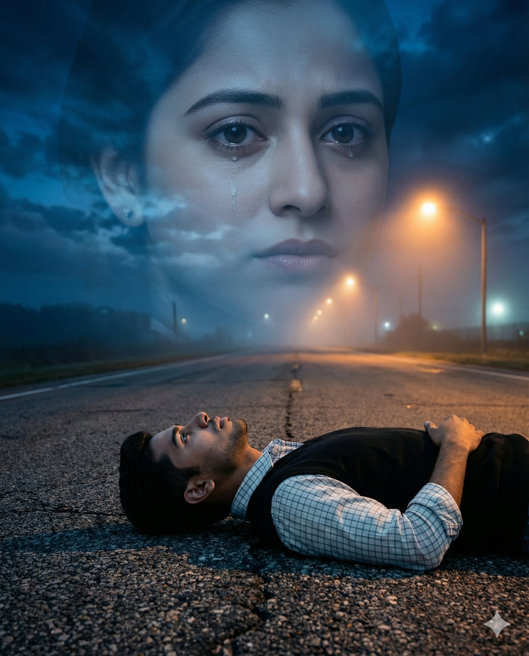 man is lying on his back on a deserted, cracked asphalt road at night