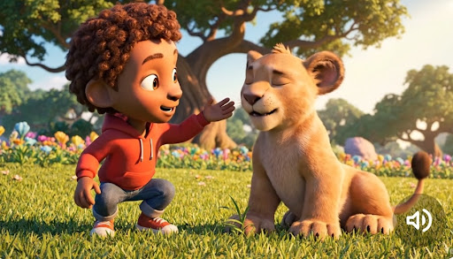 cute little boy with curly hair and playful lion cub in park 3D animation