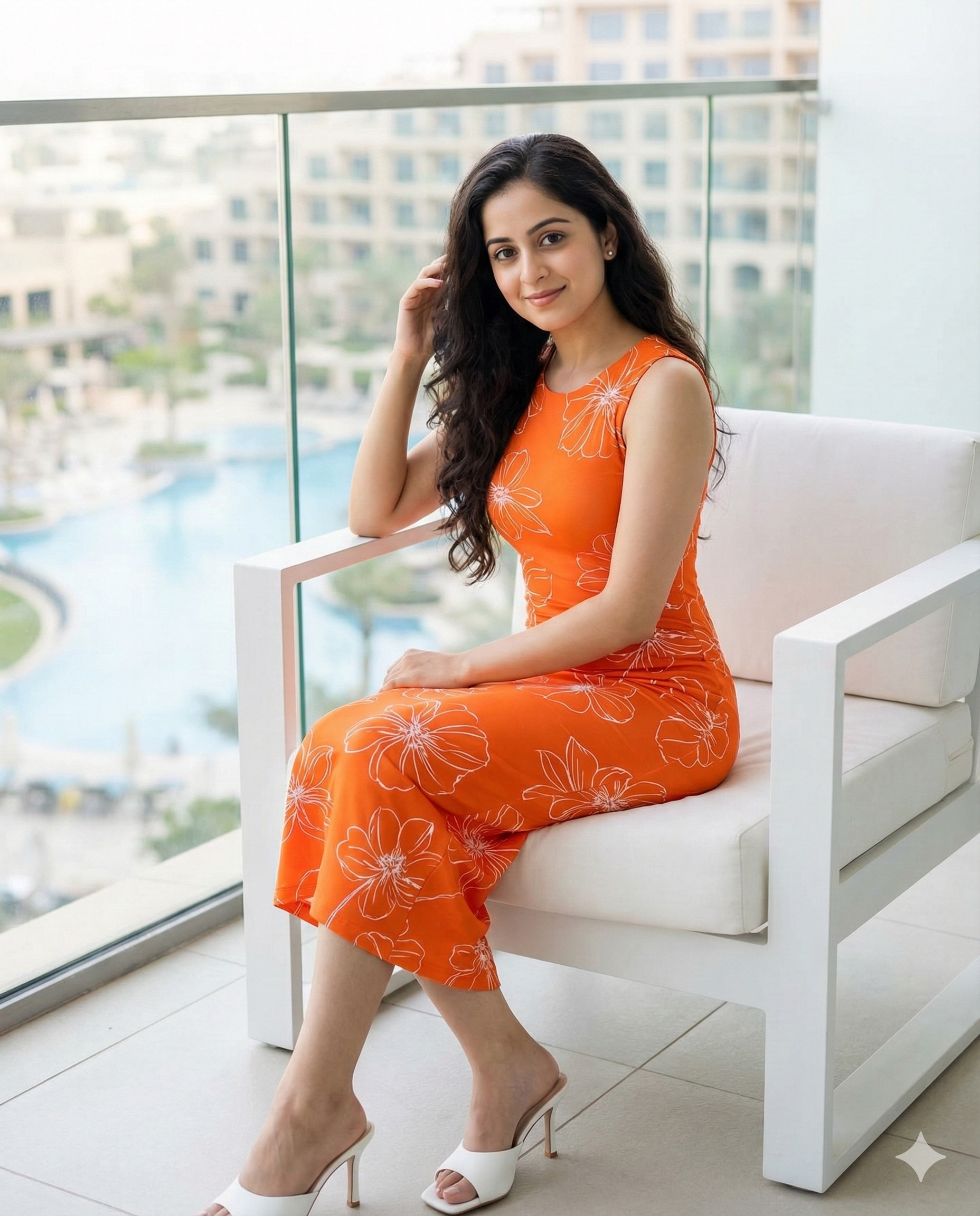 woman sitting on a balcony wearing an orange dress