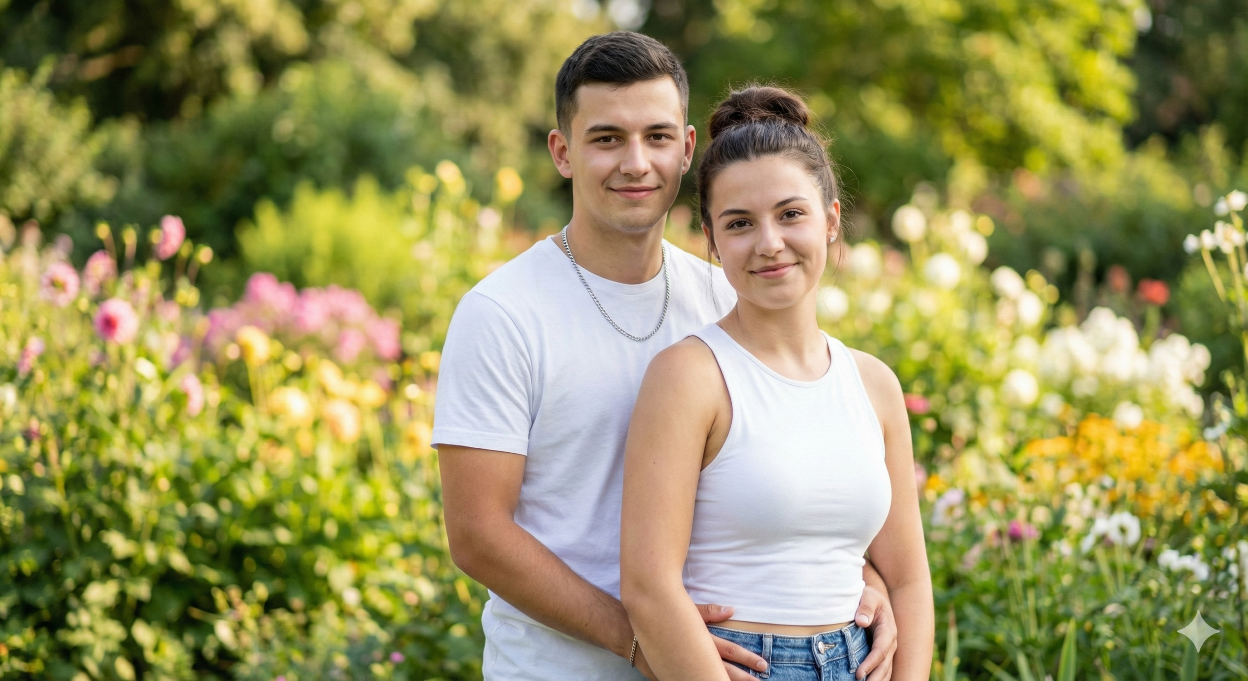 romantic couple posing in a garden with colorful flowers