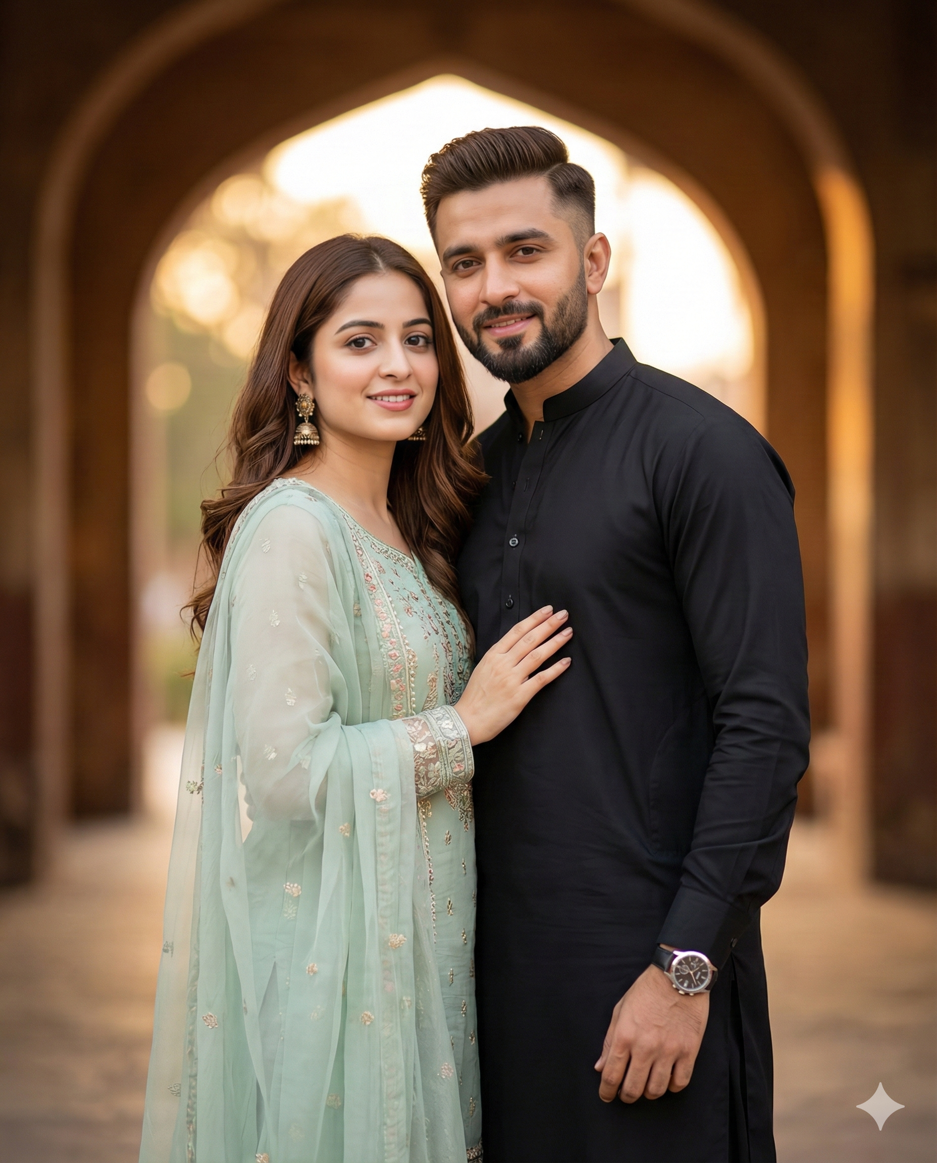 South Asian couple in traditional dress with golden hour lighting