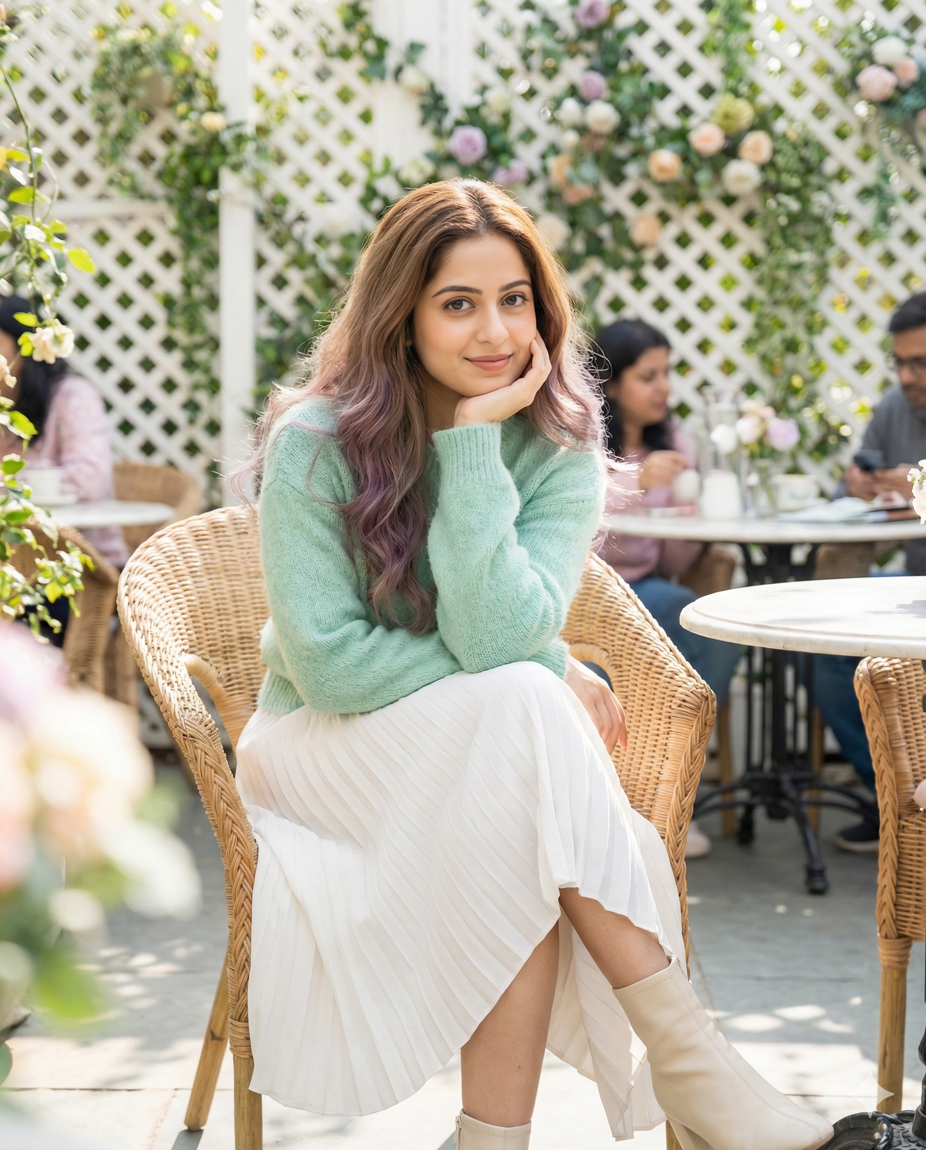 young woman sitting in an outdoor garden cafe wearing pastel outfit