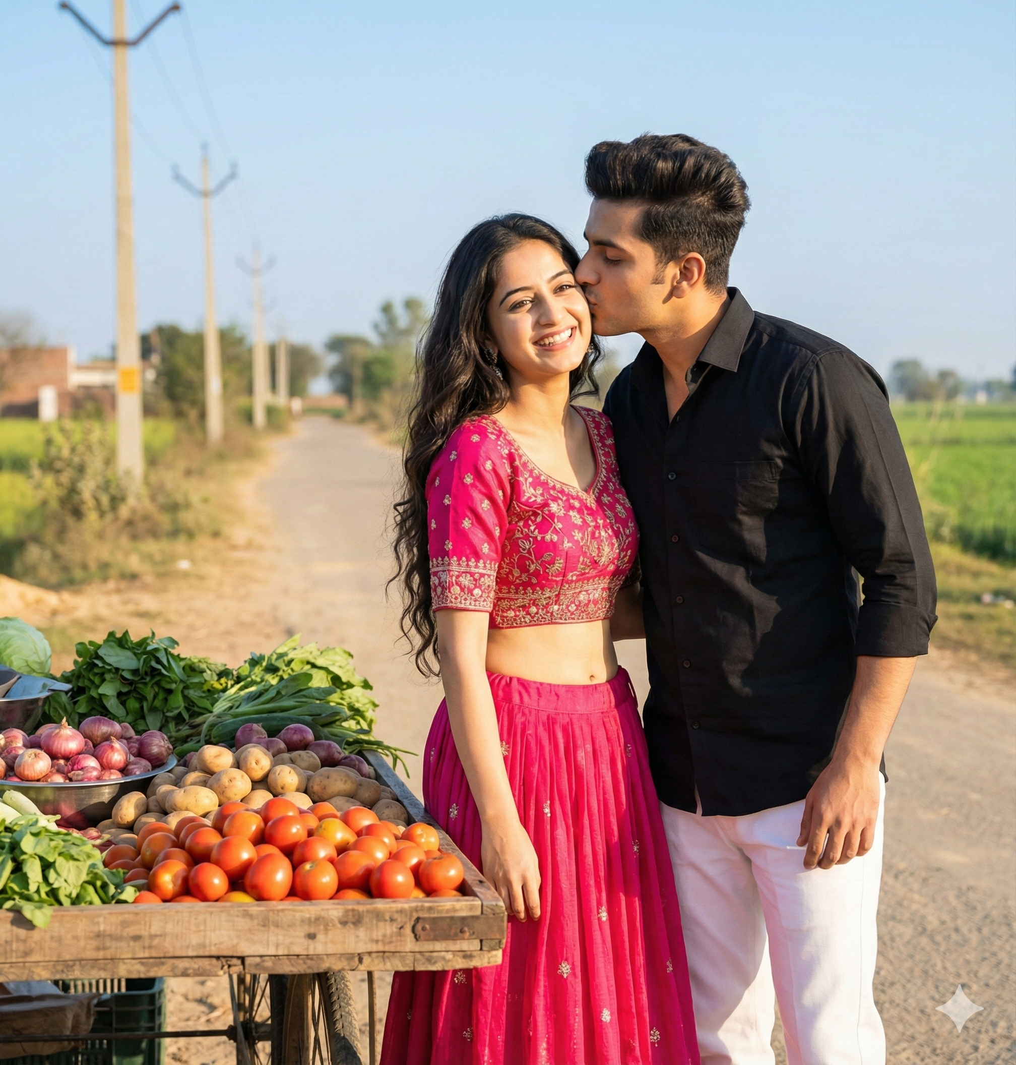romantic couple outdoor photo near vegetable cart on rural road