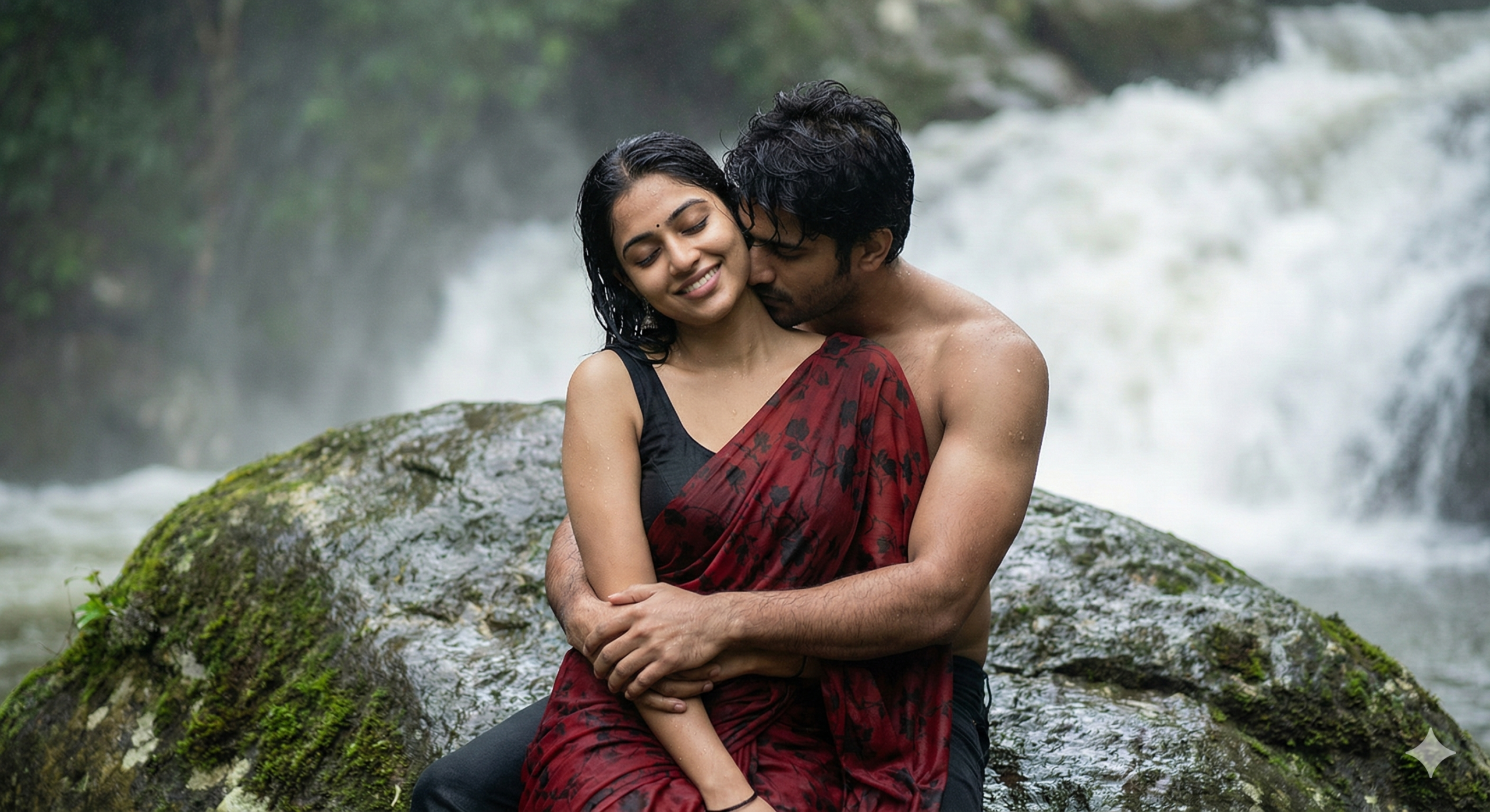 Romantic young couple embracing on a wet mossy rock in front of a misty waterfall, cinematic lighting, hyper-realistic style