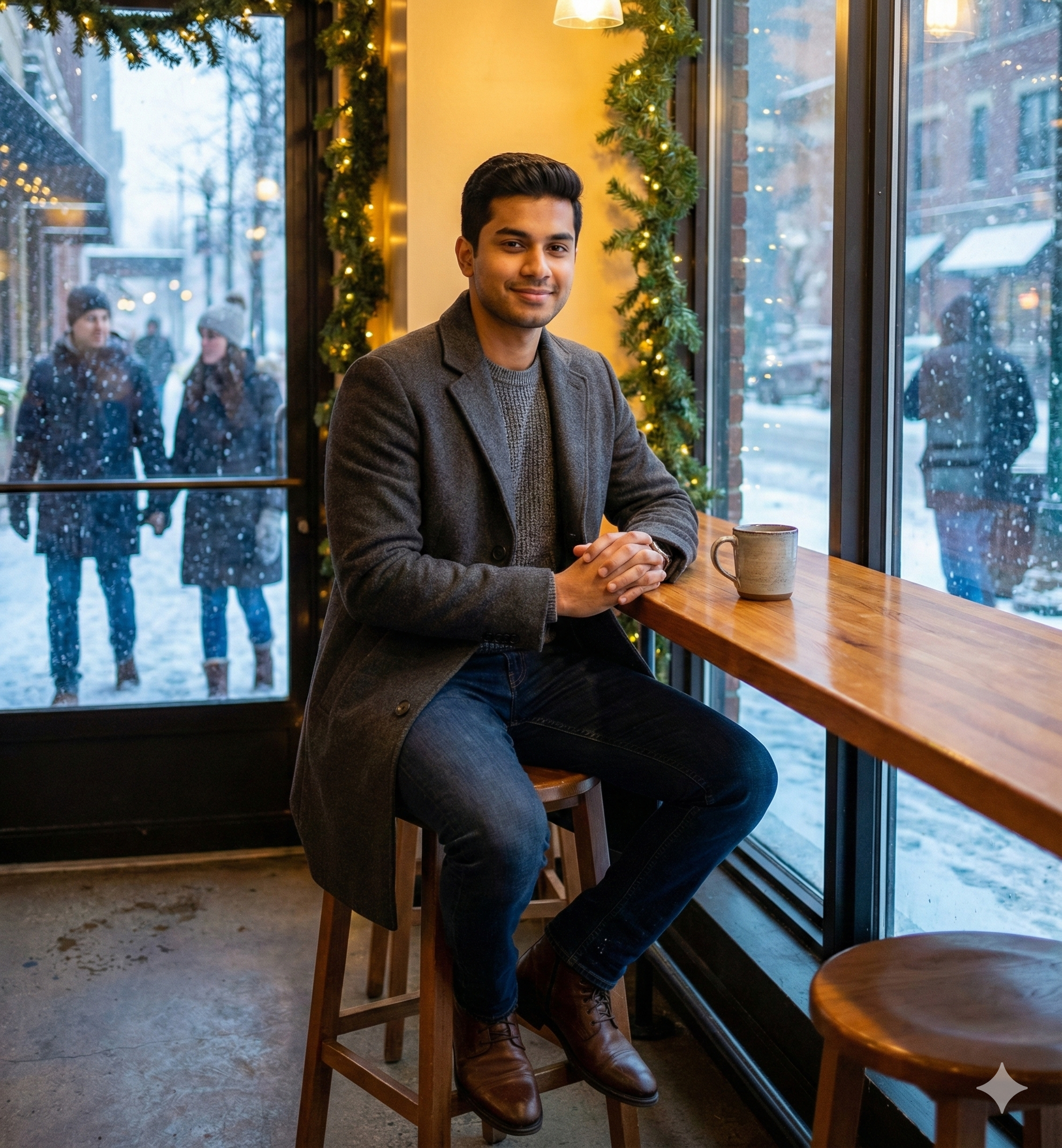 a handsome young man sitting on a high stool at a wooden counter