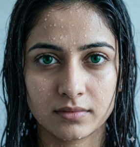 extreme close-up portrait of a young woman with striking green eyes and wet