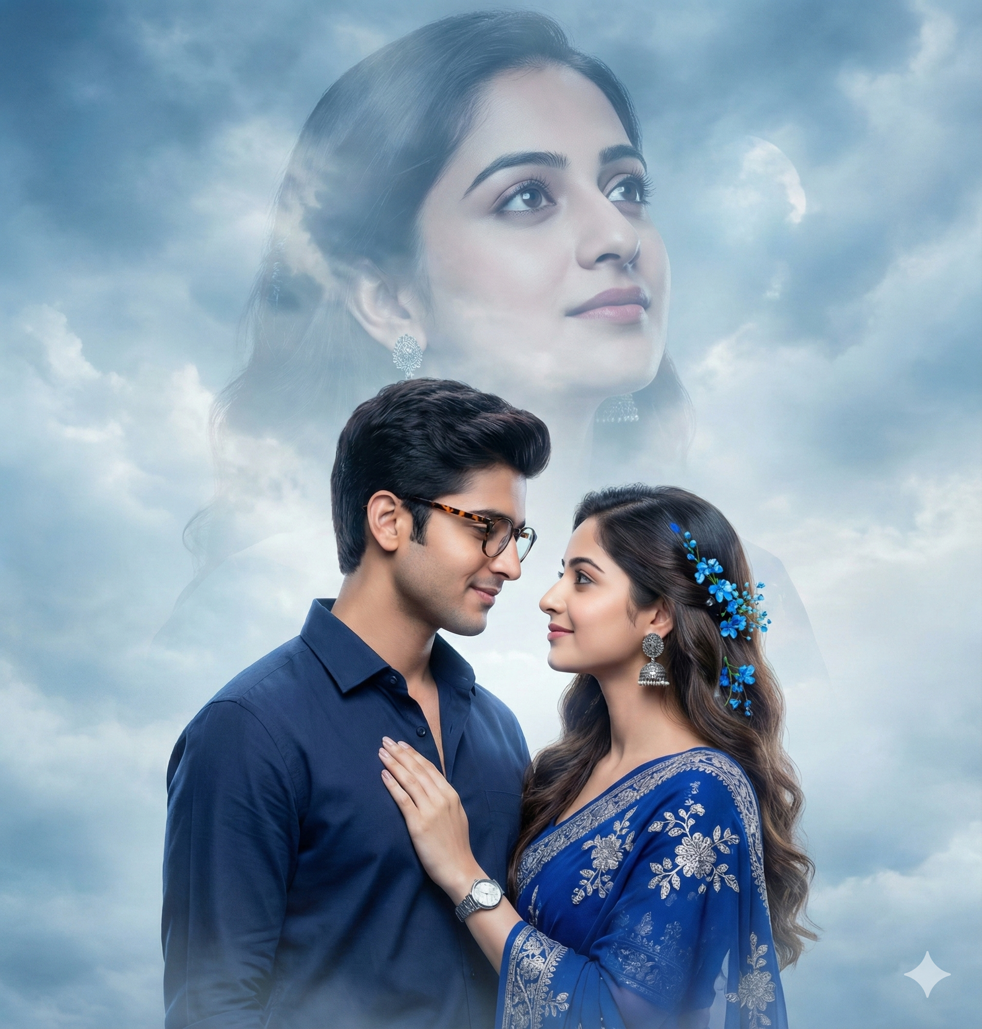 A hyper-realistic, cinematic romantic poster of a young couple standing close together.