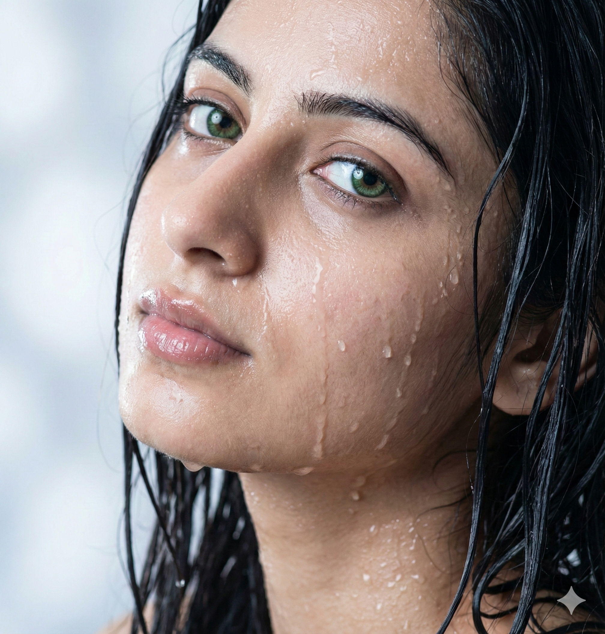 ealistic wet portrait AI prompt of a woman with green eyes and water droplets