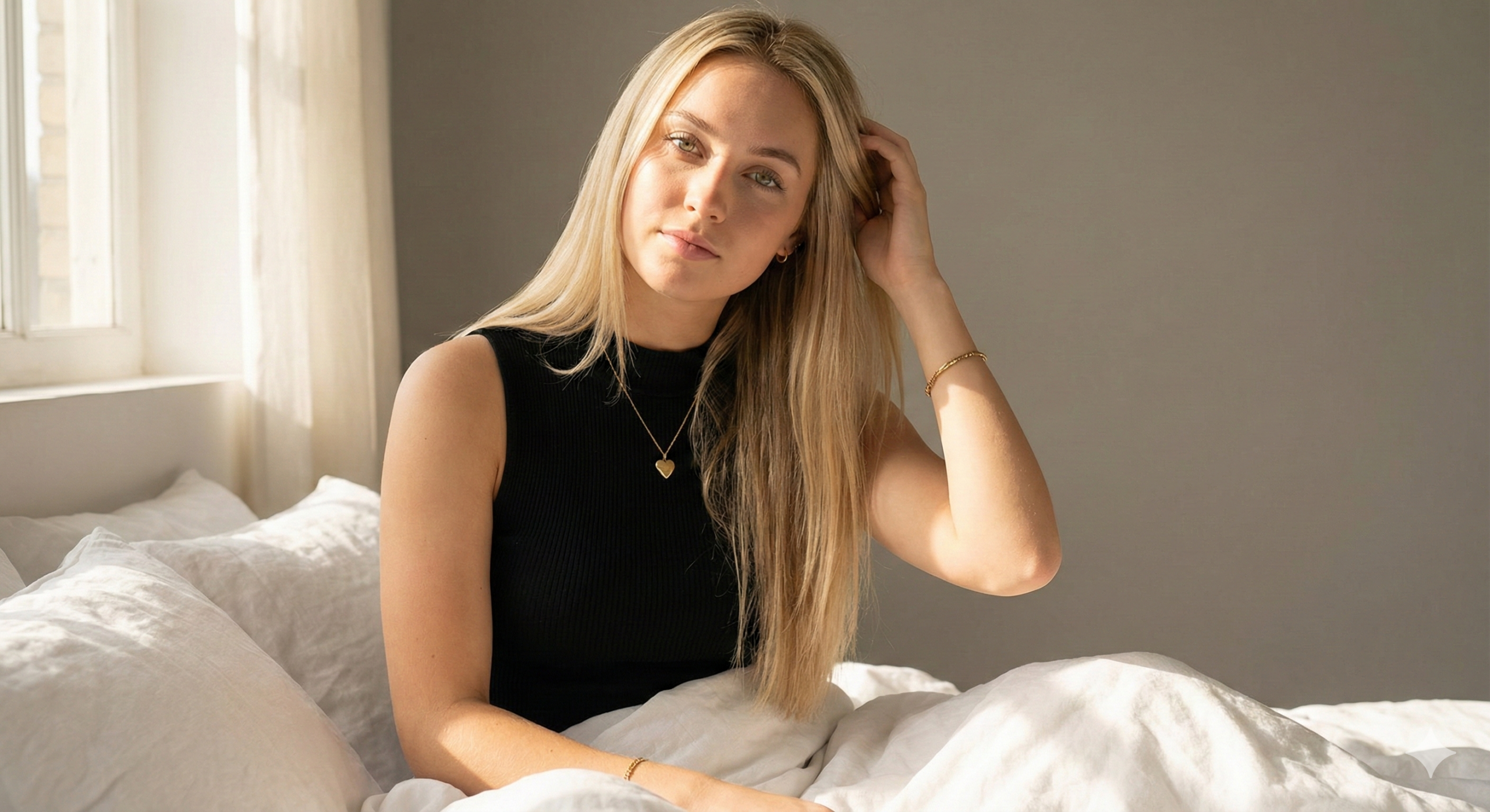 Realistic studio portrait of a blonde woman sitting on a bed with cinematic sunlight and gold jewelry.