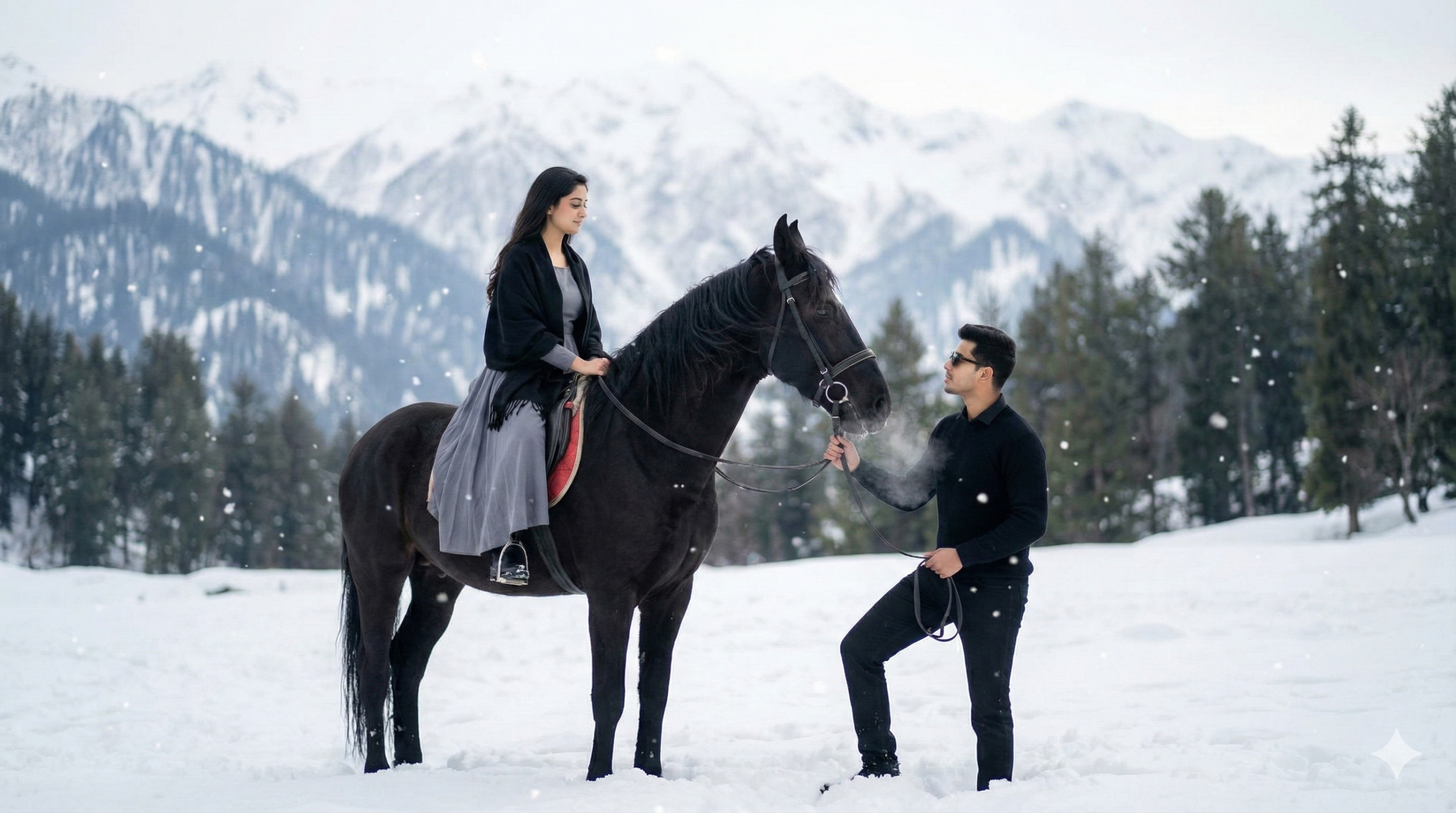 Cinematic DSLR footage, 4k, highly detailed. A couple in a snowy mountain landscape.