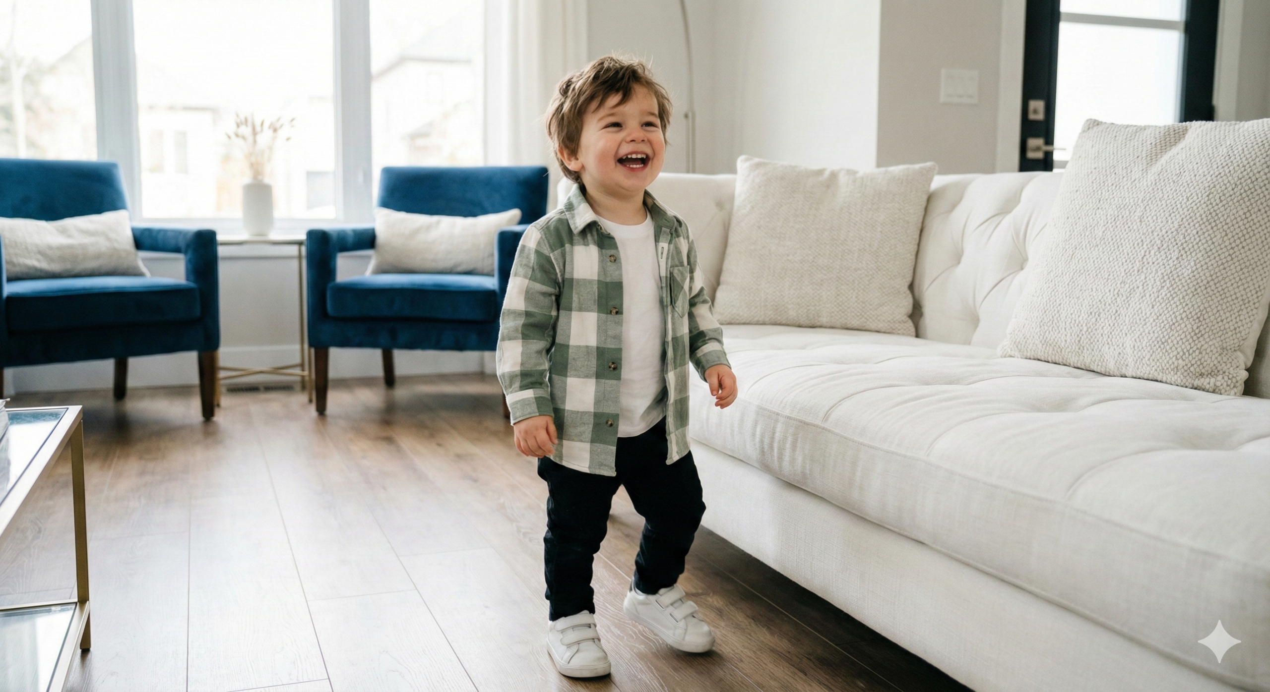 happy toddler boy laughing in modern living room