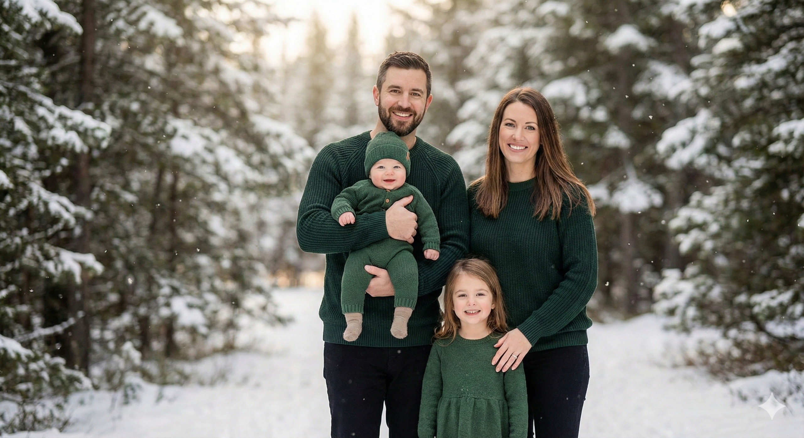 happy family of four in matching green outfits in snowy winter forest