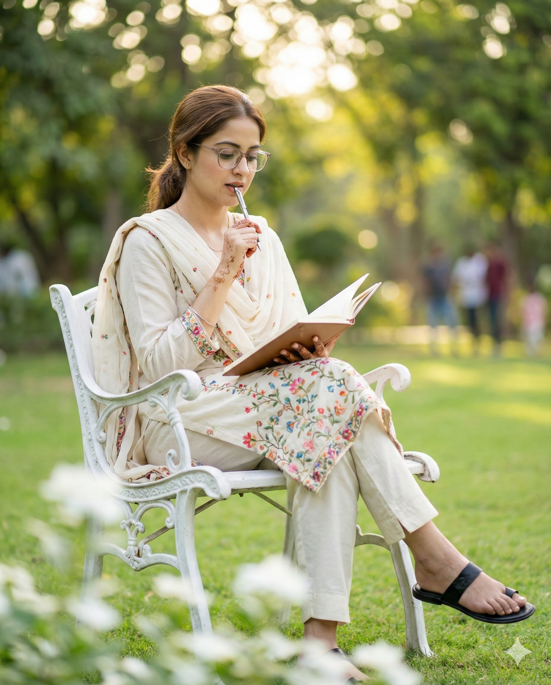 South Asian woman in ivory salwar kameez sitting in a park and thinking while holding a journal