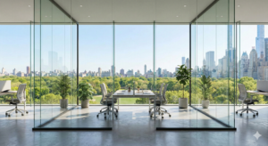 modern office interior with glass walls and city skyline view
