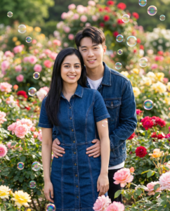 romantic asian couple wearing matching denim outfits in a garden with soap bubbles