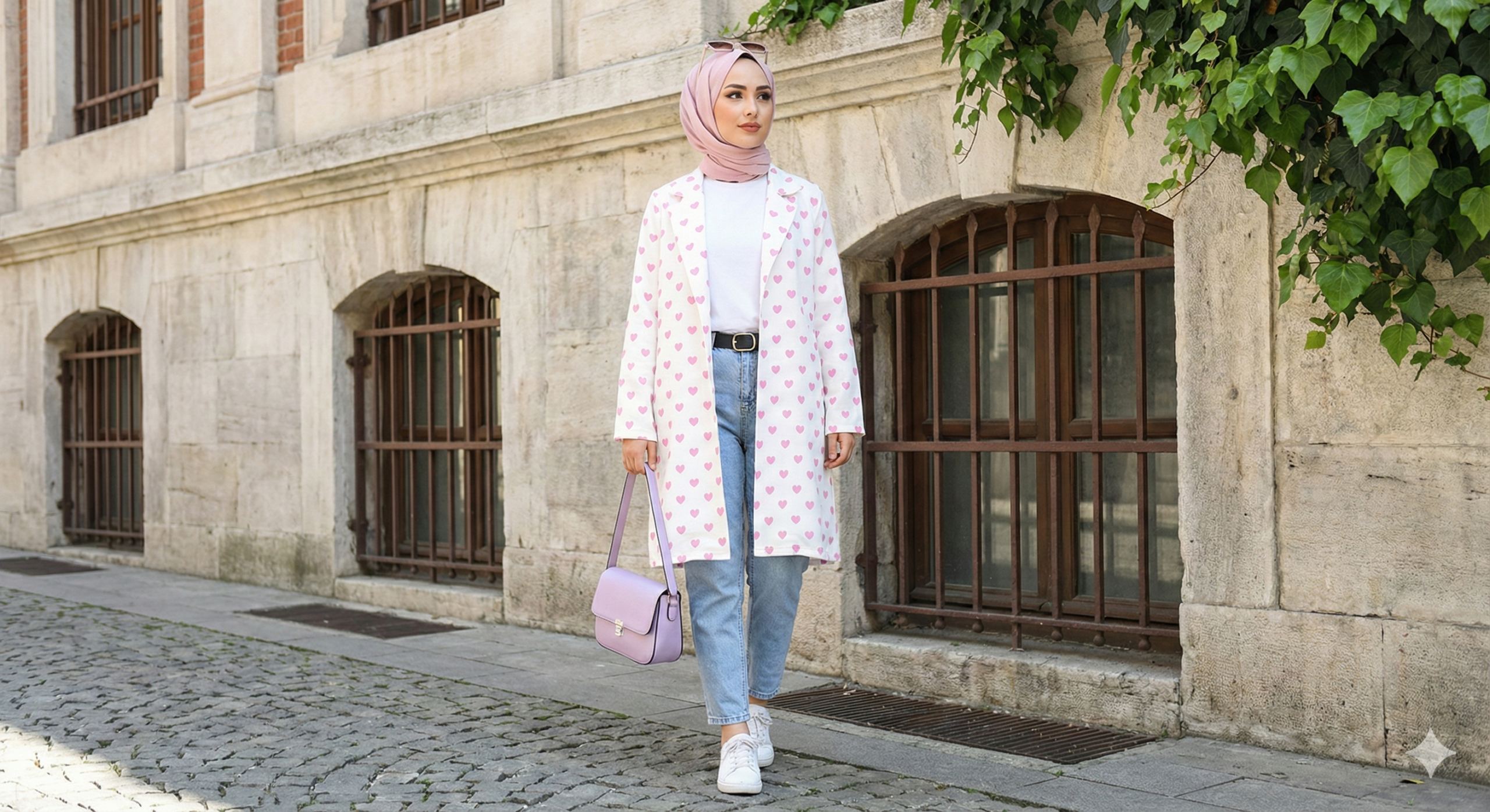 stylish young woman wearing pink hijab and casual fashion outfit in sunlight