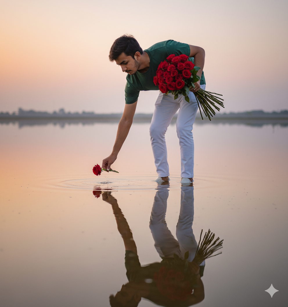 fine art portrait photography of man placing red rose on water at sunset