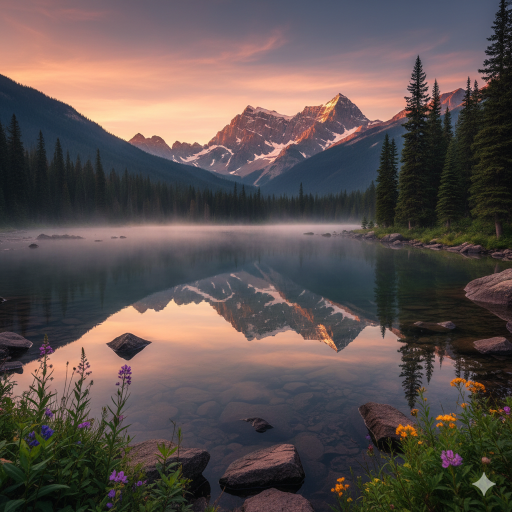 alpine lake sunrise landscape with mountain reflections and wildflowers