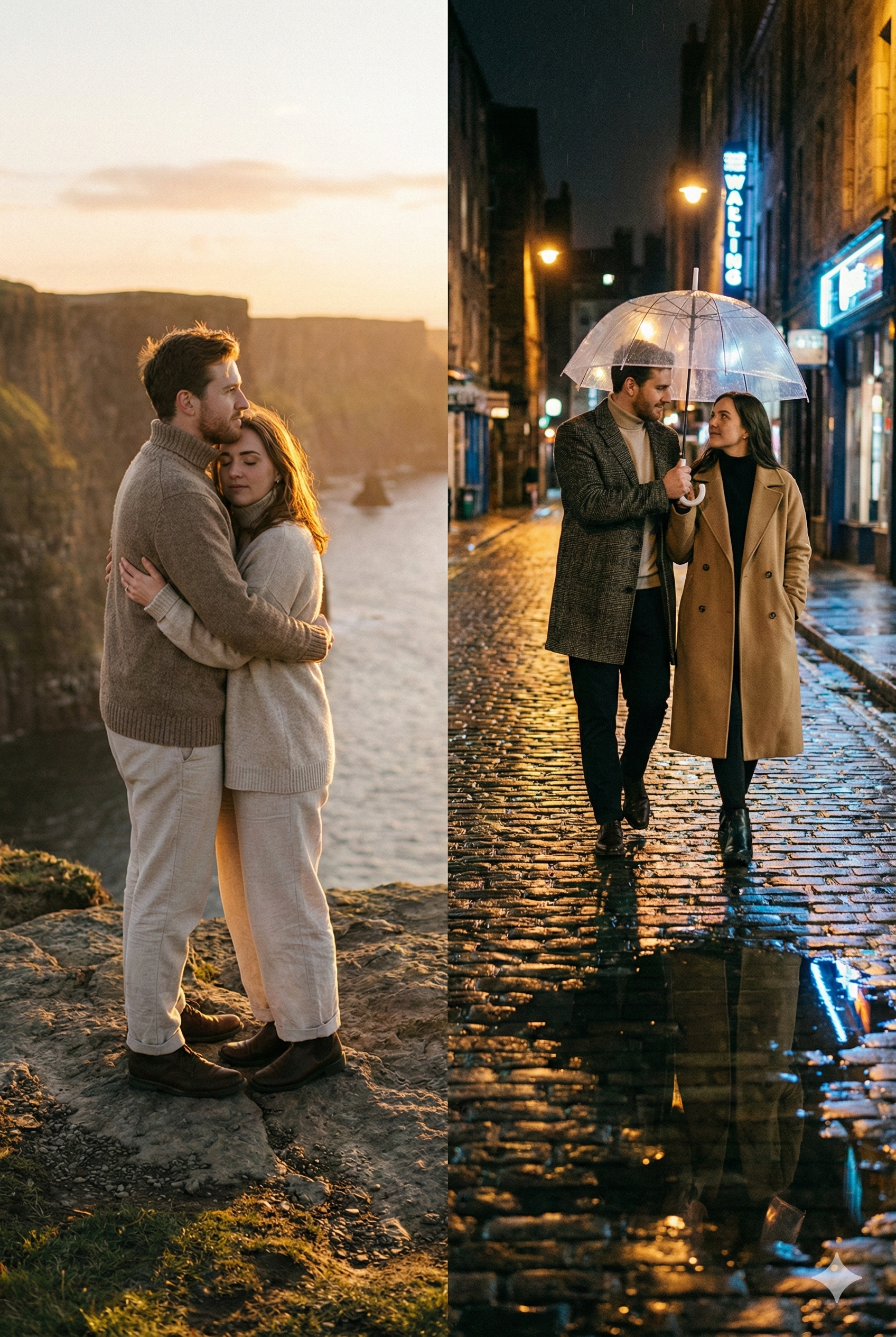 cinematic diptych of romantic couple on sunset cliff and rainy city street