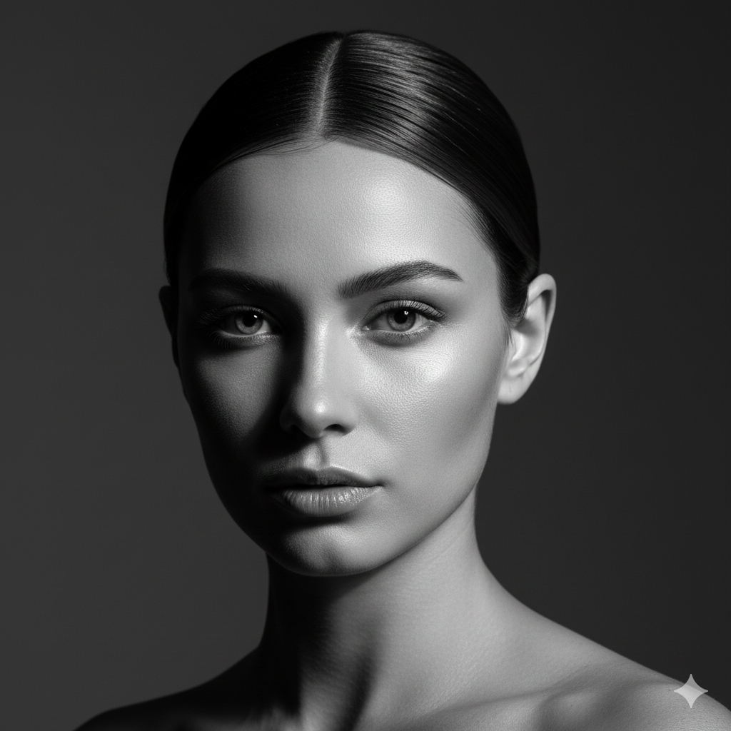 black and white close-up portrait of young woman with dramatic lighting