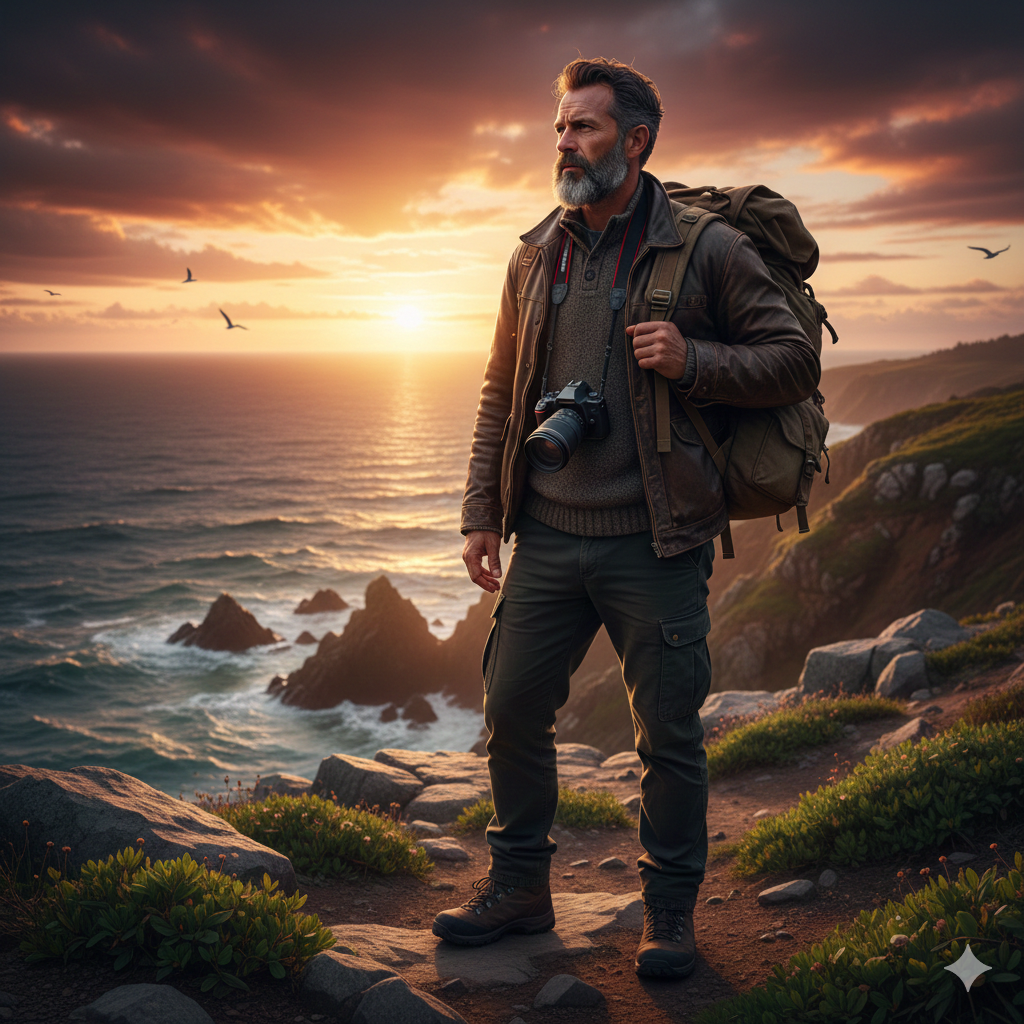 middle-aged man with beard standing on rocky cliff overlooking ocean at sunset