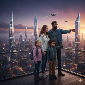 family of four standing on rooftop viewing futuristic city skyline at sunset
