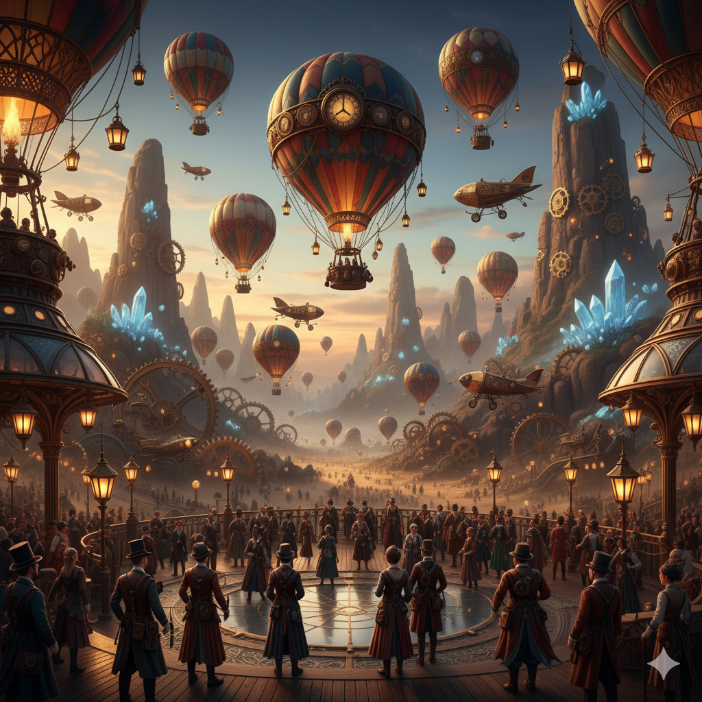 steampunk city festival with hot air balloons airships and victorian crowd at sunset