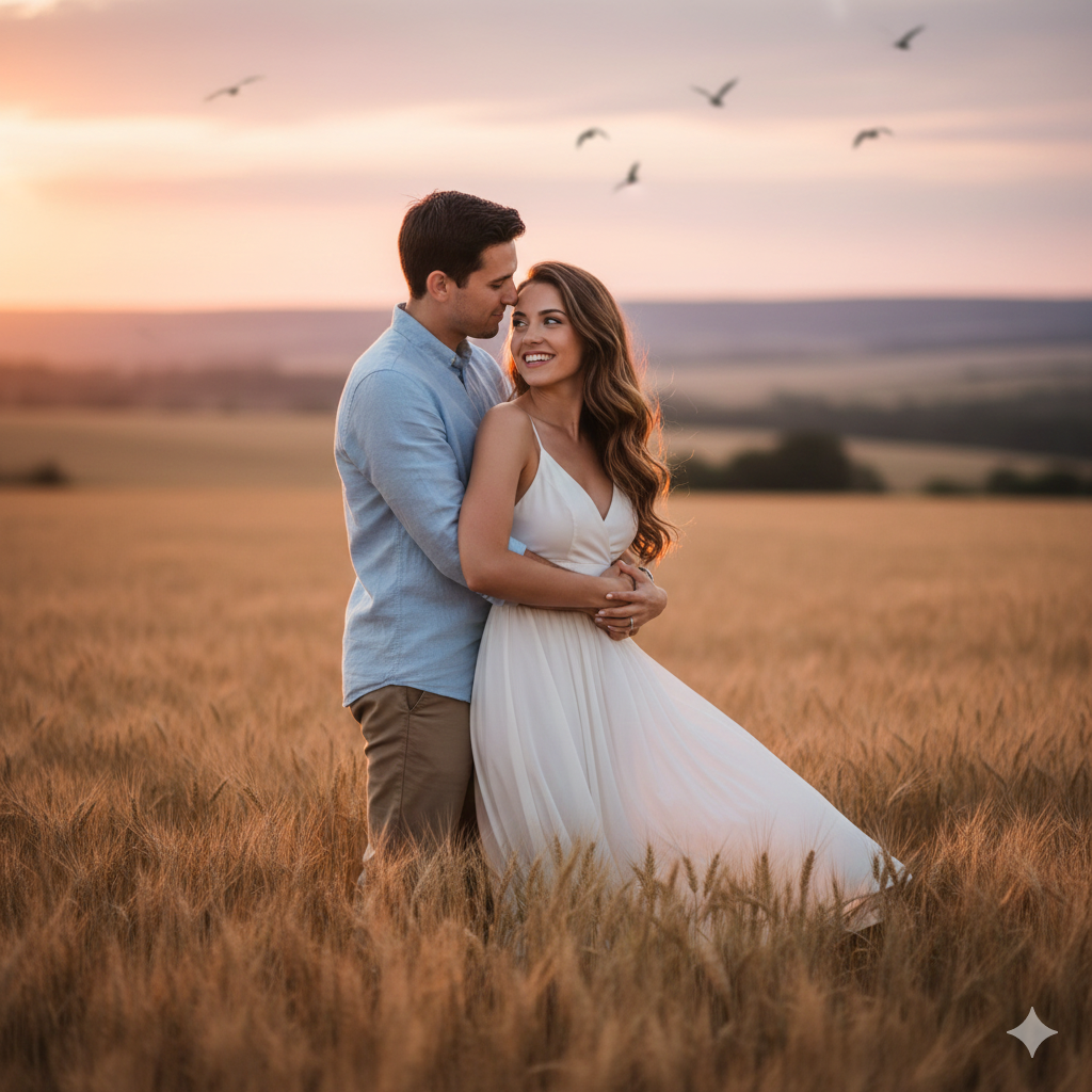 romantic couple standing in wheat field during golden hour sunset