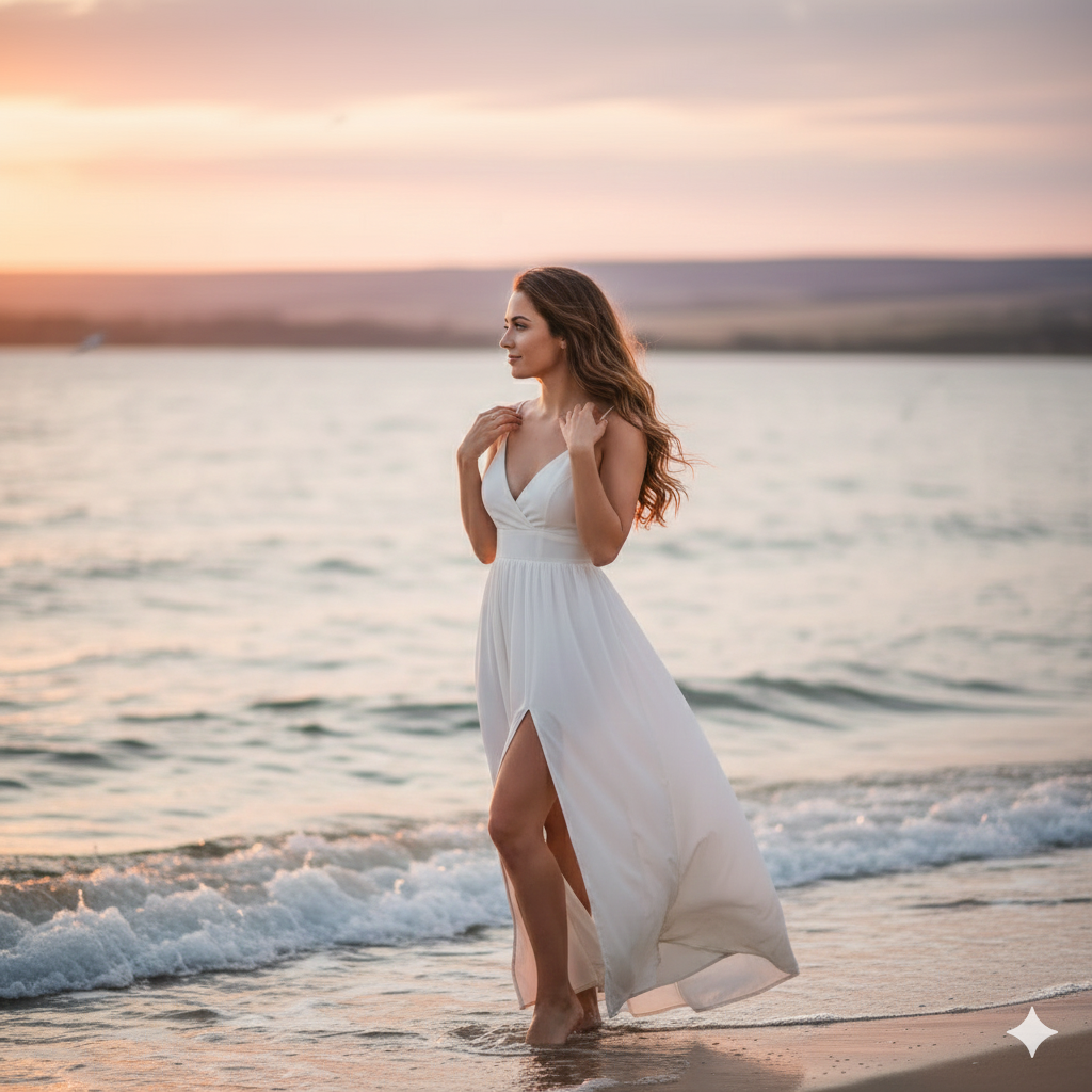 woman standing barefoot on beach at sunset wearing flowing white dress