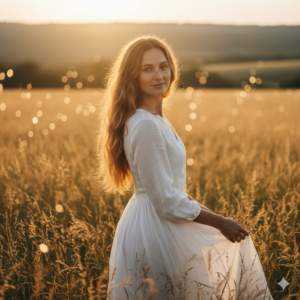 young woman standing in sunlit field at golden hour wearing white dress