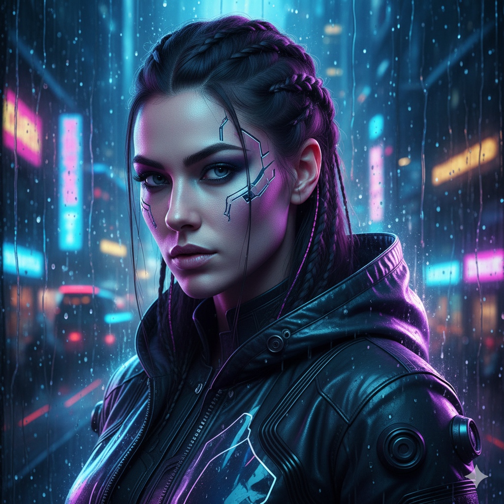 cyberpunk warrior woman close-up portrait with neon city lights and glowing tattoos