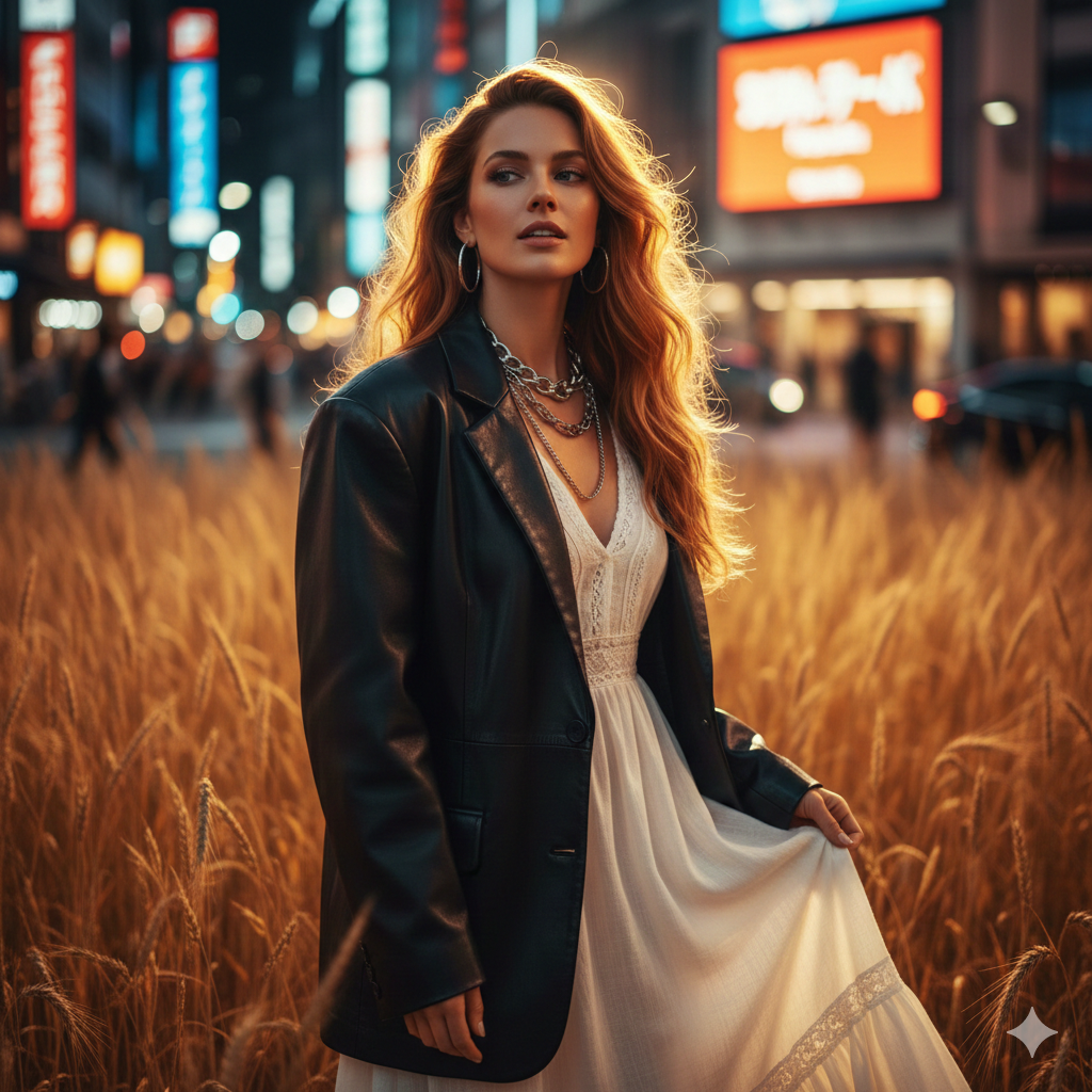 cinematic fashion portrait of woman in wheat field with neon city background