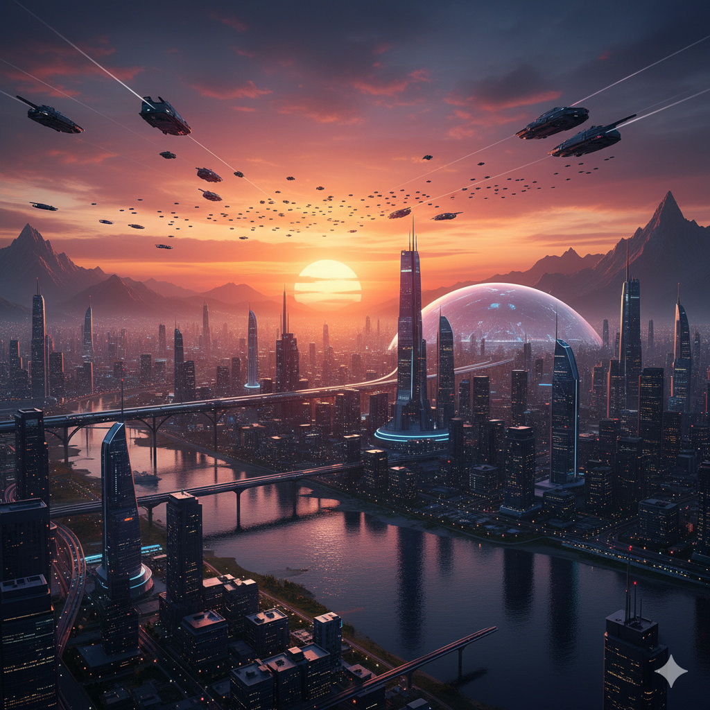 futuristic city skyline at sunset with flying vehicles and river reflections