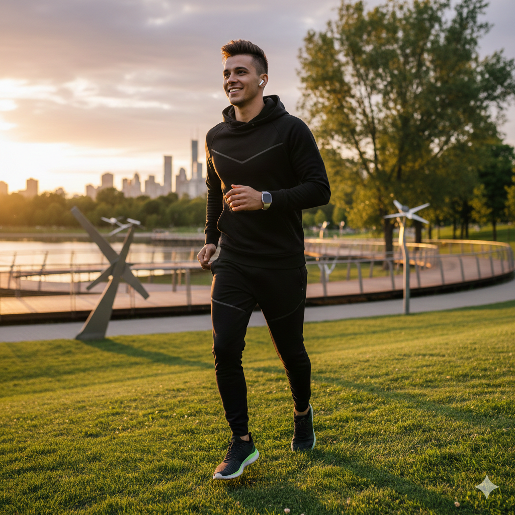 fit young man jogging in city park at golden hour with skyline background