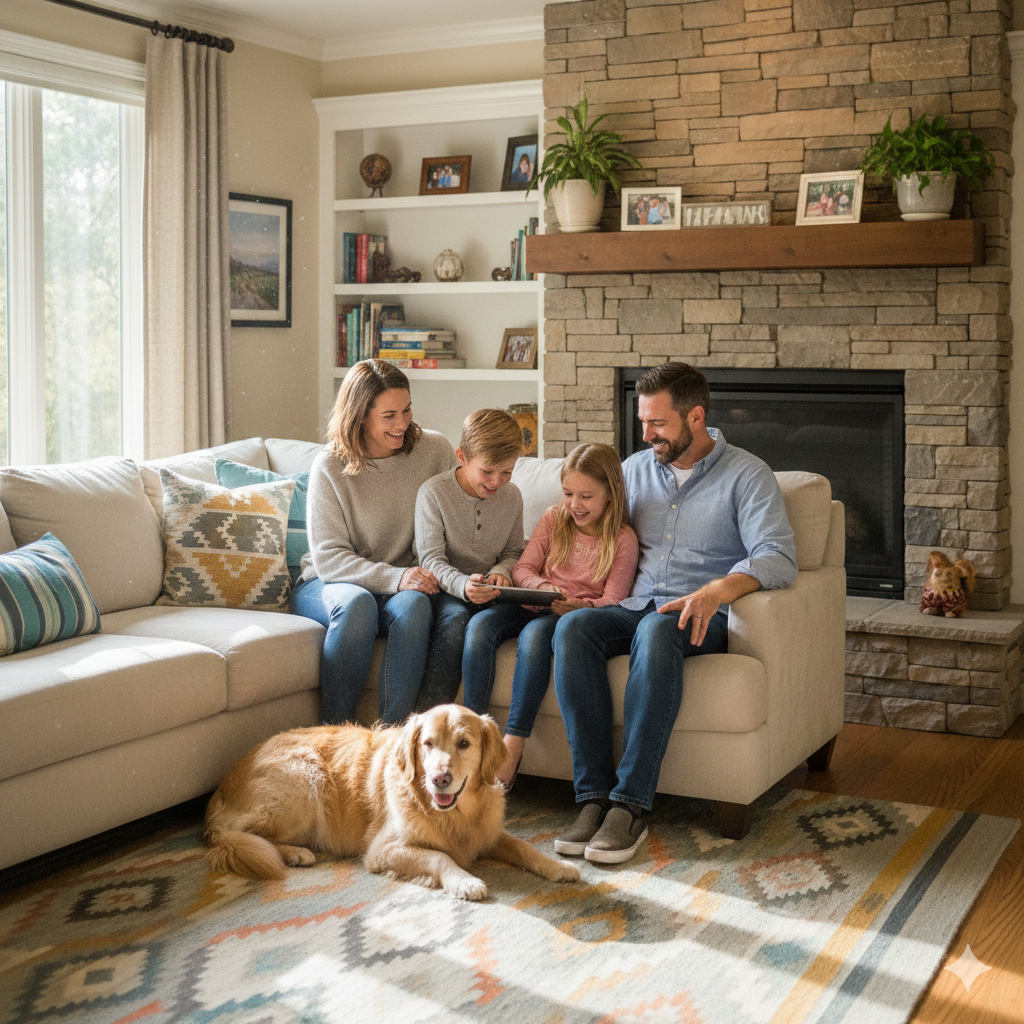 happy family sitting together in a cozy living room with a dog