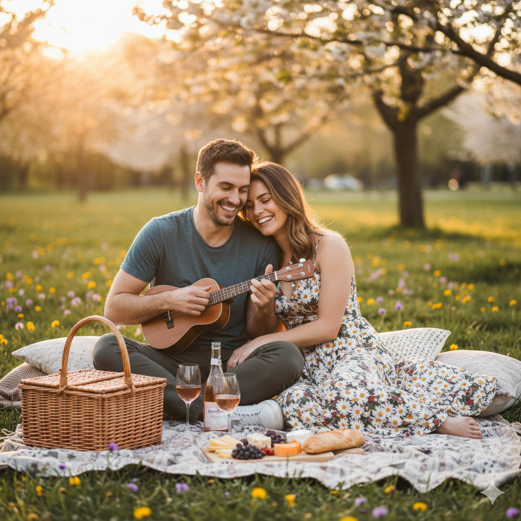 young couple enjoying a romantic picnic in a park at sunset
