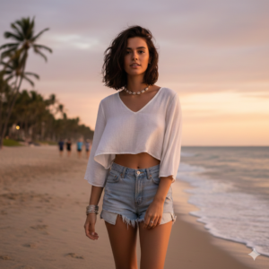 young woman walking on sandy beach at sunset lifestyle portrait