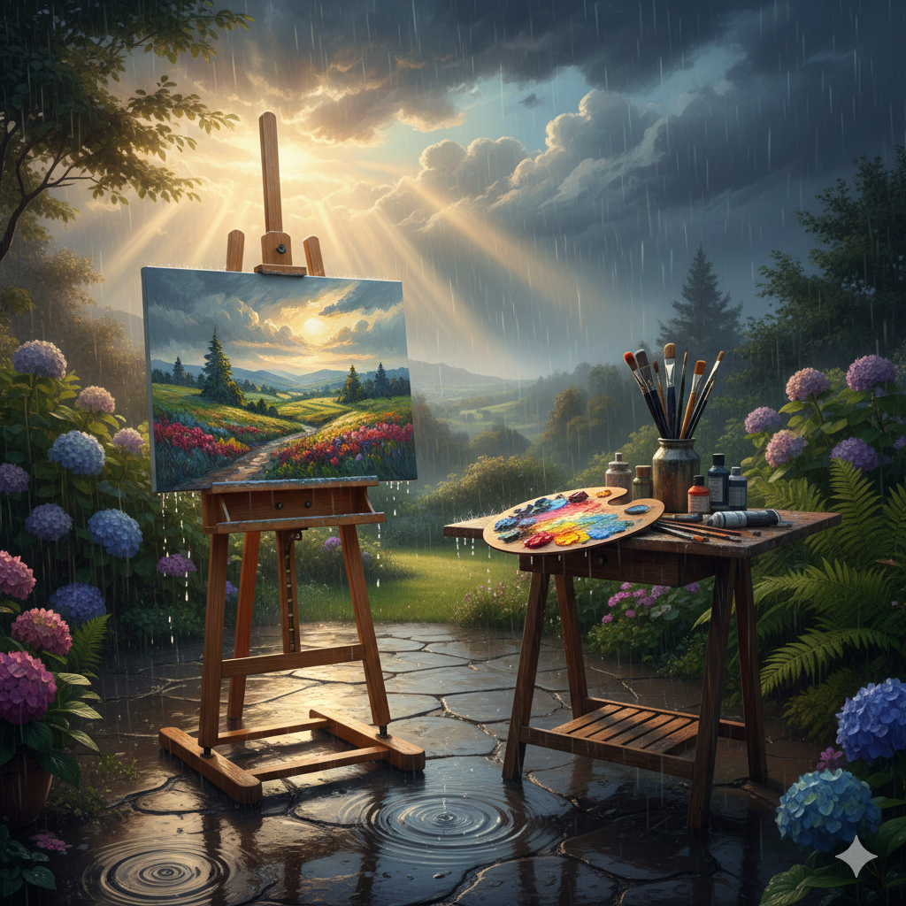 Outdoor artist easel in rain with golden sunlight rays and colorful hydrangea flowers