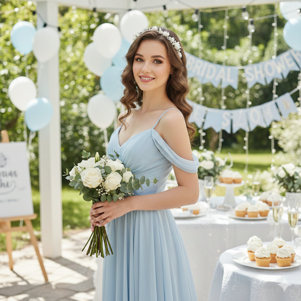 Smiling woman in a light blue gown at an outdoor bridal shower setup