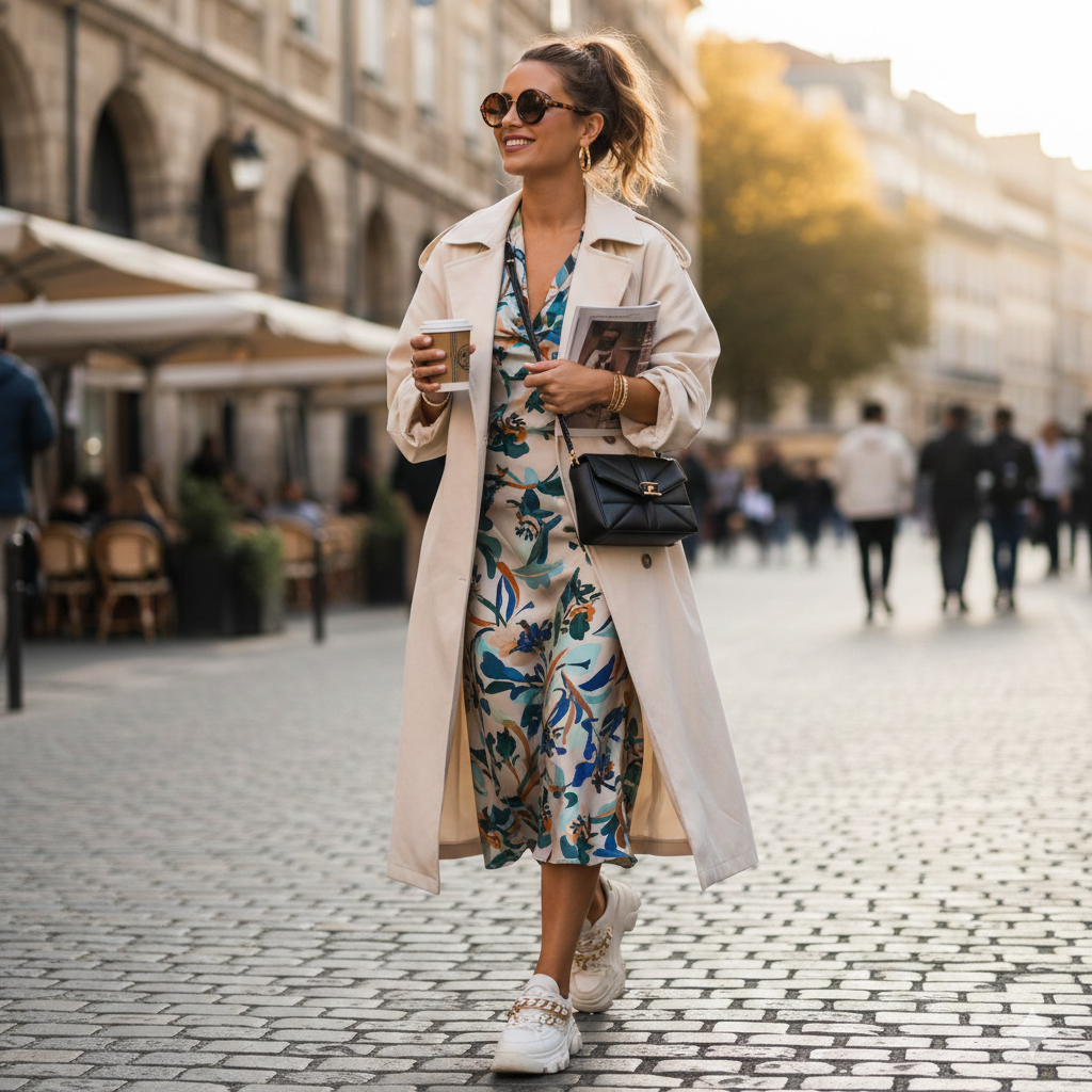 Stylish young woman walking down European cobblestone street in floral slip dress and trench coat