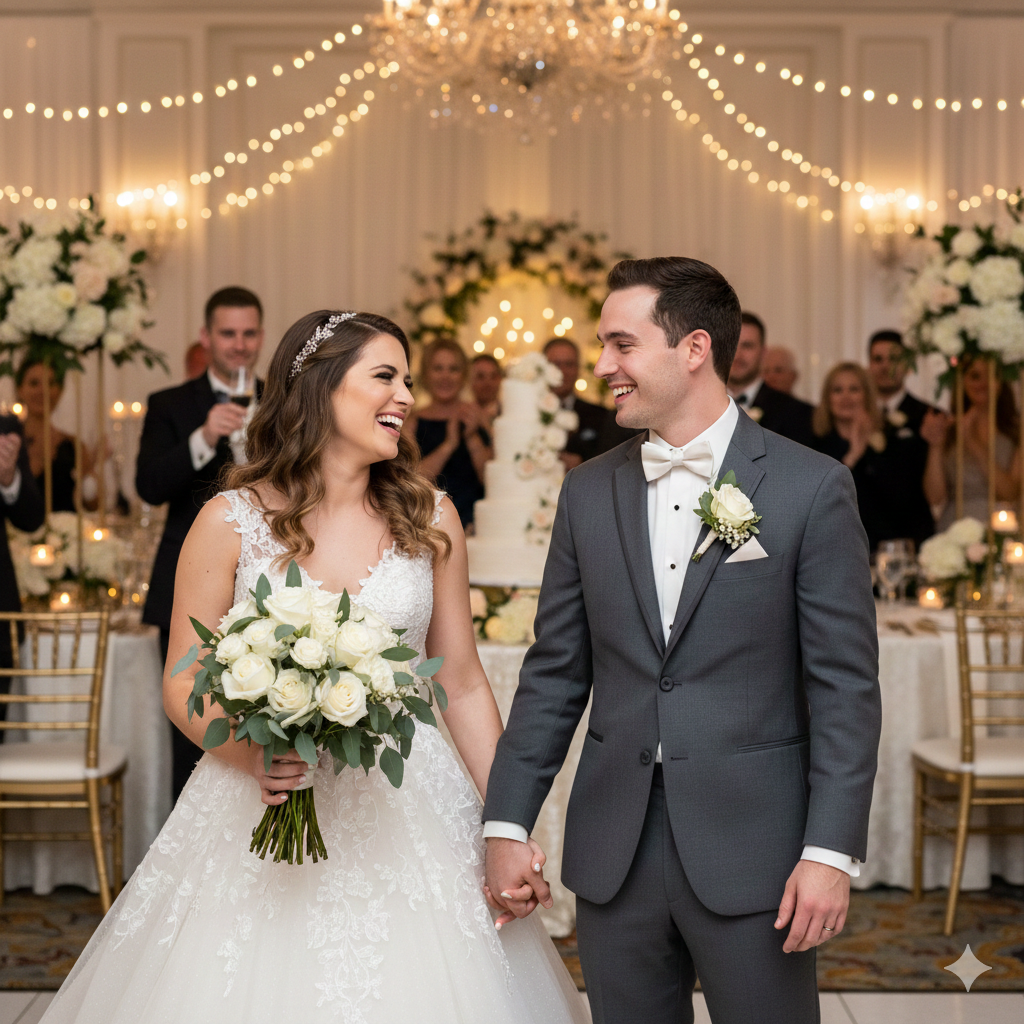 Happy bride and groom holding hands at a romantic wedding reception