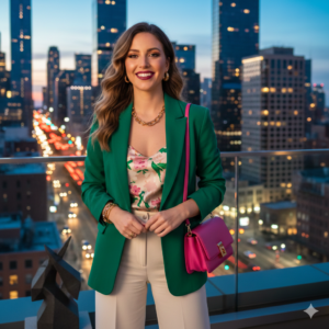 Confident young woman in green blazer standing on rooftop terrace with city skyline at twilight