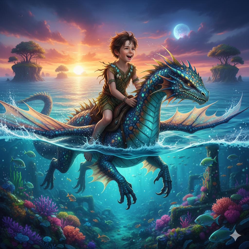 A young boy riding a detailed blue and teal aquatic dragon surfacing from the ocean